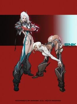 2022 2girls adapted_costume ahoge alternate_costume alternate_skin_color angel_(kof) ass bodysuit boots breasts copyright_name crossed_arms cyborg dark-skinned_female dark_skin full_body hood hoodie joints large_breasts lips mechanical_arms mexican_(nationality) multiple_girls navel panties red_background robot_joints serious smile snk stretching the_king_of_fighters thong underwear white_hair yamamoto_dove