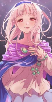 1girl albino cape chagi_chage commentary_request fang gensou_suikoden gensou_suikoden_ii hairband highres long_hair looking_at_viewer parted_lips red_eyes sierra_mikain smile solo vampire white_hair