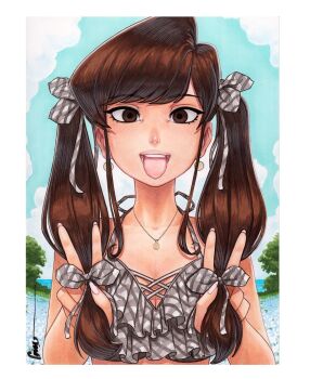1girl alternate_hairstyle artist_name bikini blue_sky border breasts brown_eyes brown_hair cleavage cloud commentary day double_v earrings english_commentary frilled_bikini frills grey_bikini hair_ribbon highres holding_own_hair jewelry komi-san_wa_komyushou_desu komi_shouko large_breasts long_hair looking_at_viewer necklace omar_dogan open_mouth outdoors patterned_clothing protected_link ribbon scan signature sky solo straight-on striped_clothes swimsuit tongue tongue_out traditional_media twintails upper_body v white_border