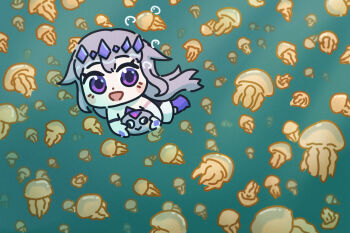 1girl 1other bing_huyue blush_stickers bubble chest_jewel chibi commentary english_commentary gem gem_hair_ornament golden_jellyfish hair_flaps hand_jewel highres hololive hololive_english jellyfish jellyfish_lake koseki_bijou koseki_bijou_(1st_costume) long_hair material_growth open_mouth palau pebble_(koseki_bijou) purple_eyes purple_gemstone purple_hair purple_shoes shoes virtual_youtuber