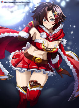 1girl absurdres blush breasts brown_hair cape choker christmas cleavage corset female_focus gloves grey_eyes hair_ornament highres hood looking_at_viewer medium_breasts navel parted_lips ruby_rose rwby short_hair skirt smile solo thighhighs vilde_loh_hocen