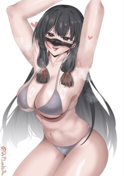 1girl armpits arms_behind_head bikini black_hair breasts cleavage cowboy_shot dr.plankton grey_bikini isokaze_(kancolle) kantai_collection long_hair looking_at_viewer micro_bikini navel open_mouth red_eyes sideboob simple_background solo steaming_body swimsuit tongue tongue_out underboob white_background