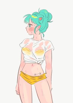 1girl animal_print aqua_eyes aqua_hair bikini cone_horns hair_bun highres horns kme looking_to_the_side lum navel pointy_ears print_bikini profile see-through_clothes see-through_shirt shirt signature simple_background solo swimsuit tied_shirt tiger_print urusei_yatsura wet white_background