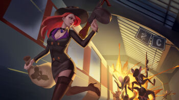 Rule 34 | 1girl, absurdres, bag, black choker, black hat, black skirt, blue eyes, breasts, choker, commentary, crime city miss fortune, english commentary, explosion, explosion background, firing, gun, hat, heart, heart necklace, high heels, highres, holding, holding bag, holding gun, holding weapon, jewelry, league of legends, littleduck307, mafia, miss fortune (league of legends), motion blur, mouse (animal), mouse print, necklace, pantyhose, red hair, skirt, tight clothes, weapon