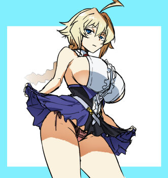 1girl ahoge armpit_crease bare_shoulders blazblue blonde_hair blue_border blue_eyes blue_skirt border braid braided_ponytail breasts center_frills closed_mouth clothes_lift contrapposto cowboy_shot es_(xblaze) expressionless frills henriiku_(ahemaru) huge_breasts large_breasts lifting_own_clothes long_hair looking_at_viewer outside_border panties pleated_skirt red_panties shirt side-tie_panties sideboob simple_background skirt skirt_lift sleeveless sleeveless_shirt solo thighs underwear white_background white_shirt