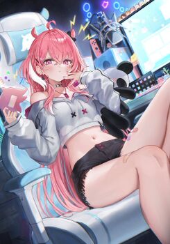 1girl :t ahoge bandaid_on_thigh bare_shoulders black_shorts breasts chair choker commentary_request computer crop_top cutoffs dog_tags drawstring earrings frown gaming_chair hair_ears hair_ornament hairclip hand_up highres holding jewelry knee_up long_hair long_sleeves looking_at_viewer microphone midriff miruto_netsuki multicolored_hair navel nijisanji off-shoulder_shirt off_shoulder pink_eyes pink_hair pout sasaki_saku shirt short_shorts shorts sitting small_breasts solo stomach streaked_hair studio_microphone swivel_chair tearing_up thighs very_long_hair virtual_youtuber white_choker white_shirt