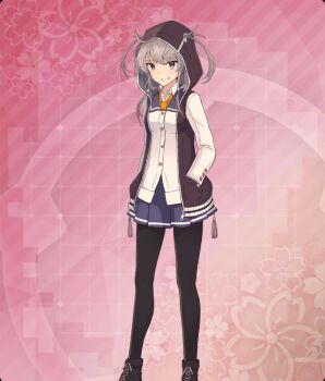 1girl black_boots black_jacket black_pantyhose blazer blue_sailor_collar blue_skirt boots breasts brown_hair buttons commentary_request dot_nose feet_out_of_frame floral_background game_cg grin hair_ornament hair_through_hood hands_in_pockets highres hood hood_up hooded_jacket jacket lace-up_boots long_sleeves looking_at_viewer medium_hair necktie official_art open_clothes open_jacket pantyhose pink_background purple_eyes renpu_girls_school_uniform resized sailor_collar school_uniform shichinosato_kofuki shirt sidelocks skirt skull_hair_ornament small_breasts smile solo tassel third-party_source toji_no_miko toji_no_miko:_kizamishi_issen_no_tomoshibi twintails unzipped upscaled variant_set white_jacket white_shirt yellow_necktie zipper