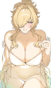 1girl alternate_costume bare_shoulders blonde_hair blue_eyes blush breasts cleavage commentary covered_navel cowboy_shot double_strap_slip dress embarrassed furrowed_brow goddess_of_victory:_nikke grave_(nikke) hair_intakes hair_over_one_eye highres holding_strap large_breasts looking_at_viewer medium_hair parted_lips ponytail shishamo_712 sidelocks simple_background sleeveless sleeveless_dress solo strap_slip symbol-only_commentary white_background white_dress