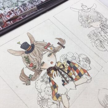 1girl animal_ears blush bow braid brown_hair close-up collar commentary donut dress flower food frilled_collar frills from_above gloves green_eyes hair_bow hair_flower hair_ornament hair_ribbon hairclip half-closed_eyes hashtag-only_commentary hat highres holding holding_food karintoun leaf looking_at_viewer medium_hair neck_ribbon open_mouth original paint_palette paintbrush painting_(medium) pale_skin photo_(medium) poppy_(flower) puffy_short_sleeves puffy_sleeves rabbit_ears ribbon short_sleeves simple_background sketch sketchbook solo swept_bangs top_hat traditional_media twin_braids watercolor_(medium) white_background