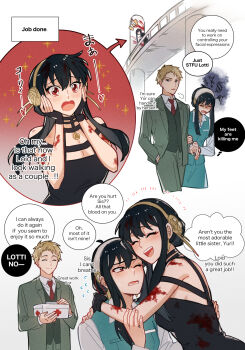 1girl 2boys aqua_skirt aqua_vest black_dress black_gloves black_hair blonde_hair blood blood_on_arm blush breasts brother_and_sister cleavage collared_shirt commentary cosplay cropped_legs crossdressing crossdressing_(mtf) dress earrings english_commentary english_text fingerless_gloves flying_sweatdrops formal_clothes gloves gold_earrings gold_hairband green_jacket green_pants green_suit green_vest hairband hanakan hand_in_pocket highres holding_another's_arm holding_first_aid_kit hug jacket jewelry long_hair looking_at_another medium_breasts multiple_boys necktie one_eye_closed open_mouth pants parted_bangs red_eyes red_necktie shirt short_hair siblings sidelocks skirt smile sparkle spy_x_family suit suit_jacket twilight_(spy_x_family) upper_body vest waistcoat white_background white_hairband white_shirt yor_briar yor_briar_(cosplay) yuri_briar