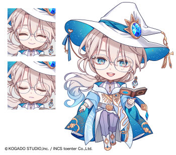 1girl :d blue_eyes blue_hair blue_nails bodysuit book boots brown_hair chibi closed_eyes closed_mouth clothing_cutout commentary_request copyright_request glasses gradient_hair grey_bodysuit hat heart_cutout jacket karokuchitose long_hair long_sleeves low_ponytail multicolored_hair multiple_views nail_polish official_art open_book open_mouth ponytail puffy_long_sleeves puffy_sleeves simple_background smile very_long_hair white_background white_boots white_hat white_jacket witch_hat