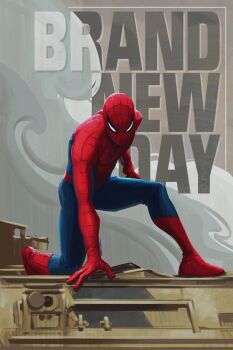 1boy blue_bodysuit bodysuit commentary english_commentary english_text highres looking_at_viewer male_focus marvel multicolored_bodysuit on_one_knee red_bodysuit solo spider-man spider-man_(series) spider_web_print superhero_costume superhero_landing twitter_username underscorecip