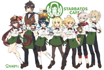 2girls 5boys aether_(genshin_impact) ahoge albedo_(genshin_impact) alternate_costume androgynous apron aqua_eyes barbatos_(genshin_impact) barista beret black_gloves black_hair black_headwear blonde_hair blue_eyes bow braid braided_ponytail brand_name_imitation breasts brother_and_sister brown_hair coffee coffee_pot collared_shirt colored_tips commentary cup disposable_cup earrings english_commentary english_text flower full_body genshin_impact gloves gradient_hair green_apron green_eyes hair_between_eyes hair_flower hair_ornament hair_ribbon hat hat_flower holding holding_tray hu_tao_(genshin_impact) jewelry kaedehara_kazuha leg_up long_hair long_sleeves looking_at_viewer lumine_(genshin_impact) medium_breasts medium_hair menu mug multicolored_hair multiple_boys multiple_girls n4391 open_mouth pantyhose plum_blossoms ponytail porkpie_hat red_eyes red_hair ribbon shirt shoes short_hair short_hair_with_long_locks shorts siblings sidelocks single_braid single_earring skirt smile socks standing standing_on_one_leg starbucks streaked_hair symbol-shaped_pupils tassel tassel_earrings tongue tongue_out tray twin_braids twintails twitter_username two-tone_hair venti_(genshin_impact) very_long_hair vest waist_apron waiter waitress white_background white_flower white_hair white_legwear yellow_eyes zhongli_(genshin_impact)