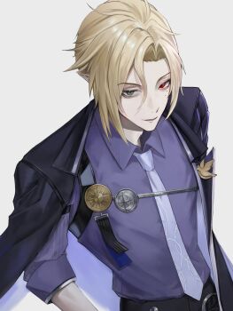 1boy arm_out_of_sleeve bicep_strap black_pants blonde_hair blue_necktie grey_background grey_eyes hair_between_eyes hashtag-only_commentary heterochromia highres hugo_vlad lapel_pin looking_at_viewer male_focus mole mole_under_eye necktie pants parted_lips pointy_ears purple_shirt red_eyes shirt shirt_tucked_in sleeves_rolled_up solo upper_body uzagv zenless_zone_zero