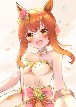 1girl animal_ears bare_shoulders blush breasts cleavage collarbone dress flower gloves hair_flower hair_ornament heart hideharu highres horse_ears horse_girl mayano_top_gun_(sunlight_bouquet)_(umamusume) mayano_top_gun_(umamusume) official_alternate_costume orange_eyes orange_hair rose small_breasts smile solo strapless strapless_dress umamusume wedding_dress white_dress white_gloves