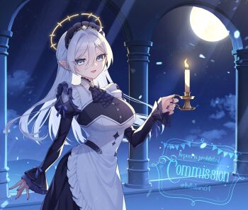 Rule 34 | 1girl, ascot, black ascot, black dress, black headdress, blue eyes, blue gem, breasts, brooch, candle, commentary request, commission, dress, full moon, gem, goshi-san, halo, headdress, holding, holding candle, hoshina selene (vtuber), indie virtual youtuber, jewelry, juliet sleeves, large breasts, layered dress, long hair, long sleeves, looking at viewer, moon, night, open mouth, pillar, puffy sleeves, skeb commission, sky, solo, virtual youtuber, watermark, white dress, white hair