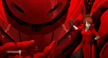 Rule 34 | 1girl, belt, brown gloves, coat, copyright name, cowboy shot, gloves, hair between eyes, half-closed eyes, hand on own hip, highres, long coat, looking at viewer, machinery, mecha, monochrome, pixiv fantasia, pixiv fantasia t, ponytail, red coat, red eyes, red hair, red theme, robot, short hair, slit pupils, smile, tsukuba masahiro, viola (pixiv fantasia)