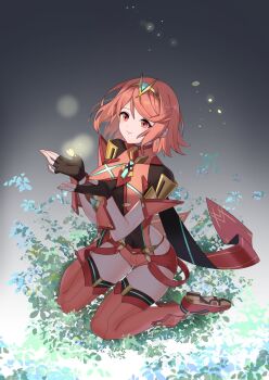 1girl bob_cut breasts chest_jewel earrings fingerless_gloves floating_earrings gloves hehe_jun highres impossible_clothes jewelry on_grass pyra_(xenoblade) red_eyes red_hair red_shorts short_hair shorts sitting smile solo swept_bangs tiara wariza xenoblade_chronicles_(series) xenoblade_chronicles_2