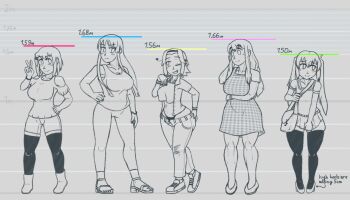 5girls akiyama_mio alternate_costume apron arrow_(symbol) azugarosu bag bare_shoulders boots bracelet breasts cleavage closed_mouth collarbone collared_jacket crop_top dress english_text flying_sweatdrops full_body greyscale gyaru hair_ornament hairband hairclip heart height_chart height_difference hirasawa_yui huge_breasts jacket jewelry kotobuki_tsumugi large_breasts long_hair looking_to_the_side monochrome multiple_girls nakano_azusa navel open_clothes open_jacket panties pants sandals shirt shoes short_hair shorts shoulder_bag sketch skirt smile standing tainaka_ritsu text_focus thick_eyebrows thick_thighs thighhighs thighs twintails underwear