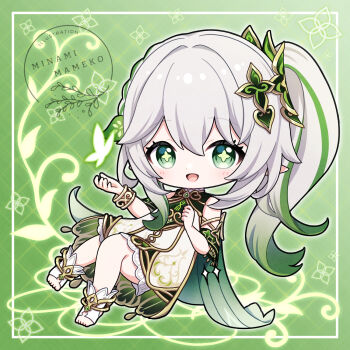 1girl artist_name bare_shoulders bloomers bracelet chibi chibi_only commentary_request detached_sleeves dress full_body genshin_impact gold_trim gradient_hair green_background green_eyes green_hair green_sleeves green_theme hair_between_eyes hair_ornament highres jewelry leaf_hair_ornament long_hair mameko_minami multicolored_hair nahida_(genshin_impact) partial_commentary pointy_ears side_ponytail sleeveless sleeveless_dress solo star-shaped_pupils star_(symbol) stirrup_legwear symbol-shaped_pupils toeless_legwear toes underwear white_bloomers white_dress white_hair