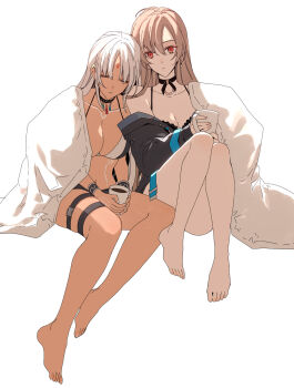 2girls amazuki_jou azur_lane barefoot belt bikini black_bikini black_choker black_jacket body_markings breasts brown_hair choker cleavage closed_eyes closed_mouth collarbone cup earrings facial_mark forehead_mark highres holding holding_cup jacket jean_bart_(azur_lane) jewelry long_hair massachusetts_(azur_lane) multicolored_bikini multiple_girls red_eyes shared_blanket swimsuit tan thigh_belt thigh_strap two-tone_bikini white_bikini white_hair yuri
