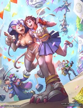 Rule 34 | 6+girls, animal ears, animal hands, arthropod girl, bat wings, bee girl, black hair, blonde hair, blue hair, blue sky, braid, breasts, brown eyes, cammy white, capcom, cat ears, cat girl, cat tail, chun-li, colored skin, crossover, darkstalkers, felicia (darkstalkers), green eyes, green hair, hair bun, hat, hsien-ko, ibuki (street fighter), insect girl, kasugano sakura, large breasts, leotard, long hair, long sleeves, morrigan aensland, multiple girls, one eye closed, pelvic curtain, ponytail, purple hair, purple skin, q-bee, richard suwono, school uniform, shoes, short sleeves, skirt, sky, sleeves past wrists, standing, standing on one leg, street fighter, sunlight, tail, upside-down, very long hair, walking, white fur, wide sleeves, wings