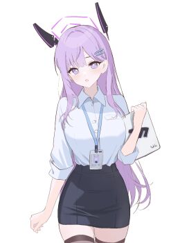1girl :o alternate_costume black_skirt blue_archive blush breasts bright_pupils commentary cowboy_shot halo holding holding_tablet_pc lanyard long_hair looking_at_viewer medium_breasts miniskirt pencil_skirt purple_eyes purple_hair shirt shirt_tucked_in simple_background skirt solo straight_hair tablet_pc thighhighs utaha_(blue_archive) very_long_hair white_background white_pupils white_shirt yukki83130530 zettai_ryouiki