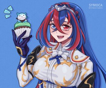 1girl bandana bandana_around_neck blue_eyes blue_gloves blue_hair blush bow braid breasts commentary crossed_bangs crown_braid cupcake english_commentary female_alear_(fire_emblem) fire_emblem fire_emblem_engage food gloves hair_between_eyes heterochromia holding holding_food large_breasts long_hair long_sleeves looking_at_viewer multicolored_hair nintendo open_mouth red_eyes red_hair shirt smile sommie_(fire_emblem) split-color_hair symoca teeth tiara two-tone_hair upper_body very_long_hair white_bow white_shirt