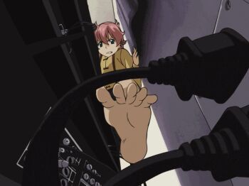 00s animated animated_gif anime_screenshot anita_king barefoot cable cord_pull feet green_eyes overalls pink_hair reaching read_or_die shirt short_hair socket soles toes yellow_shirt