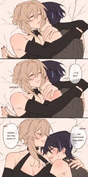 1boy 1girl absurdres armpit_crease assertive_female black_bridal_gauntlets black_hair black_nails black_shirt blonde_hair blunt_ends breasts bridal_gauntlets cheek_press cleavage cleavage_cutout closed_eyes clothing_cutout commentary couple earrings embarrassed english_text eyelashes facing_another genshin_impact gold_ring halterneck hand_on_another's_nape hands_on_another's_shoulders head_on_another's_shoulder head_on_pillow hetero highres hug jewelry lumine_(genshin_impact) majunjuu medium_breasts middle_ring multicolored_hair on_bed open_mouth parted_lips pillow pink_lips purple_hair scaramouche_(genshin_impact) shared_bed shirt short_hair short_hair_with_long_locks shoulder_blades shoulder_blush sidelocks single_bare_shoulder speech_bubble streaked_hair symbol-only_commentary teeth toned toned_female toned_male wanderer_(genshin_impact)