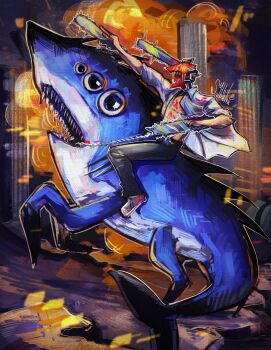 2boys alternate_form beam_(chainsaw_man) blood blood_on_clothes chainsaw chainsaw_man denji_(chainsaw_man) fine_art_parody highres multiple_boys napoleon_crossing_the_alps open_clothes open_mouth open_shirt parody shark sharp_teeth shirt sybbatra teeth white_shirt