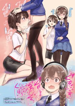 1futa 1girl @_@ absurdres aomushi_(mushamusha) barefoot bike_shorts black_shorts blouse blush braid braided_ponytail brown_eyes brown_hair bulge clothes_pull collared_shirt deepthroat dress_shirt erection erection_under_clothes fellatio from_side futa_with_female futanari girls_und_panzer gym_uniform hair_over_shoulder hands_on_another's_head headphones heart heart-shaped_pupils highres huge_filesize irrumatio isobe_noriko japanese_text long_hair long_sleeves miniskirt multiple_views no_panties no_shoes no_socks nose_blush open_mouth oral panties panty_pull pantyhose penis pleated_skirt revision rukuriri_(girls_und_panzer) saliva school_uniform sequential shirt short_hair short_shorts short_sleeves shorts single_braid sitting skindentation skirt speech_bubble spoken_heart standing sweater symbol-shaped_pupils t-shirt tareme throat_bulge throat_microphone tomboy translated uncensored underwear wavy_mouth white_shirt wide-eyed