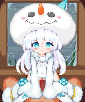 1boy 1girl after_vaginal aftersex animated blue_eyes blush breasts censored clothed_female_nude_male clothing_aside cowgirl_position cum cum_in_pussy cumdrip girl_on_top hetero hinainf loli long_hair looking_at_viewer lowres mosaic_censoring navel nipples nude open_mouth overflow panties panties_aside penis pixel_art pov pov_crotch pussy see-through_clothes sex small_breasts snowman_hat solo_focus straddling tagme thighhighs underwear vaginal video white_hair window