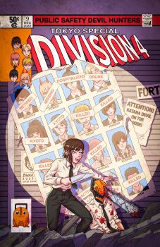 Rule 34 | 1boy, 1girl, beam (chainsaw man), bernhard binder, black necktie, black pants, blonde hair, blood, blood on clothes, brown eyes, brown hair, bullet wound, chainsaw, chainsaw man, comic cover redraw, commentary, days of future past, denji (chainsaw man), derivative work, double v, english commentary, english text, eyepatch, facial scar, glasses, hair ornament, hairclip, hayakawa aki, higashiyama kobeni, highres, himeno (chainsaw man), hirokazu arai (chainsaw man), holding, holding knife, hood, horns, kishibe (chainsaw man), knife, kurose yuutarou, madoka (chainsaw man), makima (chainsaw man), marvel, mask, mole, mole under eye, mole under mouth, multiple moles, necktie, nervous, over-rim eyewear, pants, parody, pochita (chainsaw man), ponytail, power (chainsaw man), red hair, red horns, rubble, scar, scar on cheek, scar on face, scar on nose, semi-rimless eyewear, sharp teeth, signature, sweat, sword, sword on back, teeth, tendou michiko, tongue, tongue out, topknot, v, violence fiend (chainsaw man), wanted poster, weapon, weapon on back, x-men