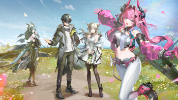 1boy 3girls animal_ears aqua_hair arknights arknights:_endfield bird_ears bird_girl black_hair black_pants black_pantyhose black_shoes black_veil black_visor blue_eyes blue_hair coat commentary_request day detached_sleeves dragon_girl dragon_horn dragon_horns dragon_tail dress endministrator_(arknights) fang flower gloves grey_hair hair_intakes hair_on_horn hand_on_own_hip high_heels highres holding holding_flower horns hou_(ppo) leg_up male_endministrator_(arknights) multicolored_gloves multicolored_hair multiple_girls navel off_shoulder open_clothes open_coat outdoors pants pantyhose perlica_(arknights) pink_hair pointy_ears shoes skin_fang streaked_hair sweater tail thigh_strap turtleneck turtleneck_dress two-sided_gloves two-tone_gloves veil white_dress white_pants white_sweater xaihi_(arknights) yvonne_(arknights)