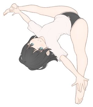 1girl 1ssakawaguchi absurdres barefoot black_hair black_shorts blush bob_cut dolphin_shorts feet flexible grey_eyes highres ichika_(1ssakawaguchi) kneepits legs looking_at_viewer lying on_back original outstretched_arms shirt short_hair short_shorts short_sleeves shorts simple_background smile soles solo spread_arms spread_legs stretching t-shirt thighs toes white_background