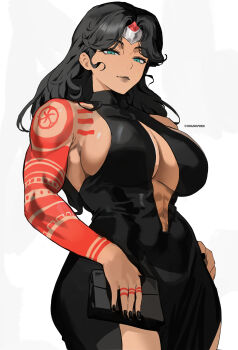 1girl abs absurdres arm_tattoo artist_name bag bare_shoulders biceps black_dress black_hair black_lips black_nails blue_eyes breasts center_opening cleavage commentary dc_comics dress english_commentary highres holding holding_bag large_breasts long_hair looking_at_viewer muscular muscular_female park_ongjol sideboob solo tattoo thighs tiara tight_clothes tight_dress wonder_woman wonder_woman_(series)