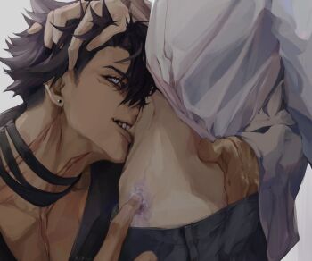 2boys biting black_pants black_shirt blue_eyes commentary commentary_request cryokinesis ear_piercing earrings english_commentary genshin_impact hand_in_another&#039;s_hair hand_in_another&#039;s_pants highres jewelry k9mi looking_up male_focus midriff multiple_boys neuvillette_(genshin_impact) pants pectoral_cleavage pectorals piercing scar scar_on_neck shirt short_sideburns stud_earrings teeth toned toned_male white_shirt wriothesley_(genshin_impact) yaoi