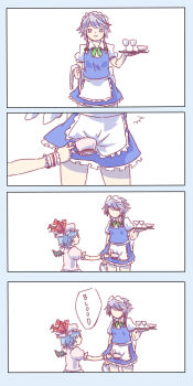 2girls 4koma blue_hair bowl comic cup drinking_glass english_text faceless faceless_female grey_eyes grey_hair hat highres izayoi_sakuya maid maid_headdress menstruation mob_cap multiple_girls parody remilia_scarlet smile teacup touhou tray wine_glass wrist_cuffs yoruny