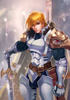 1boy armor artist_request blonde_hair blurry blurry_background brown_eyes cape full_body fur_trim game_cg knight miragine_war official_art scabbard sheath shoulder_armor solo source_request sword weapon wein_(miragine_war)