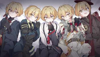 5boys absurdres black_gloves black_necktie blade_lineage_(identity)_(project_moon) blonde_hair blood blood_on_face closed_mouth collared_shirt cowboy_shot gloves gun hanbok highres korean_clothes limbus_company looking_at_viewer lying male_focus manic_rabbits multiple_boys n_corp._fanatic_(identity)_(project_moon) necktie on_back open_mouth project_moon scared shirt short_hair sinclair_(project_moon) suspenders sweat thumb_(identity)_(project_moon) weapon white_background white_shirt yellow_eyes zwei_association_south_uniform