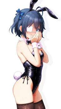 1girl ahoge alternate_costume animal_ears bare_arms bare_shoulders black_bow black_bowtie black_hair black_leotard blue_bow blue_eyes blush bow bowtie brown_thighhighs chuunibyou_demo_koi_ga_shitai! cowboy_shot detached_collar eyepatch fake_animal_ears hair_bow hands_up inazumi_art leotard loli medical_eyepatch playboy_bunny rabbit_ears rabbit_tail shiny_clothes shiny_skin short_hair simple_background solo tail takanashi_rikka thighhighs white_background wrist_cuffs