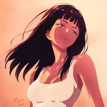1girl black_hair blue_eyes blunt_bangs breasts closed_mouth commentary eyelashes highres karpovakseni long_hair looking_to_the_side nico_robin one_piece smile solo tank_top twitter_username upper_body white_tank_top