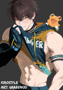 Rule 34 | 1boy, abs, animal, animal on shoulder, arm strap, artist name, bandaged arm, bandages, bandaid, bandaid on face, bandaid on nose, black gloves, blush, bracelet, brown eyes, brown hair, character name, commission, elbow gloves, fingerless gloves, frog, gloves, green hoodie, green shorts, hood, hood down, hoodie, indie virtual youtuber, jewelry, kiro (kirostyle), large pectorals, lifting own clothes, looking at viewer, male focus, muscular, muscular male, navel, pants, pectoral cleavage, pectorals, short hair, shorts, sideless outfit, simple background, smile, sweat, tight clothes, tight pants, upper body, urabenod, very sweaty, vgen commission, virtual youtuber