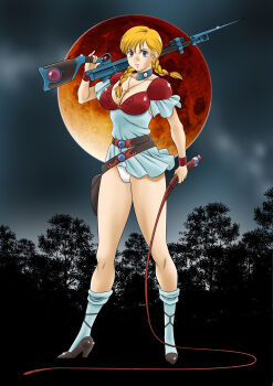 Rule 34 | 1girl, armor, blonde hair, blue eyes, braid, breasts, closed mouth, collarbone, cross, cross necklace, doris lang, eyelashes, full body, gun, high heels, highres, holding, holding gun, holding weapon, holding whip, jewelry, moon, necklace, niina akihiko, over shoulder, panties, red armor, red moon, rifle, solo, thighs, tunic, twin braids, underwear, vampire hunter d, weapon, weapon over shoulder, white footwear, white panties, white tunic