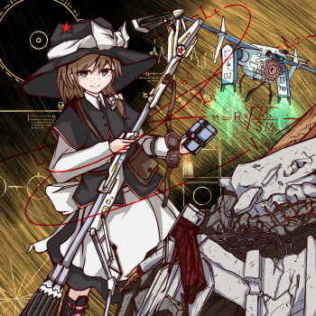 1girl apron back_bow bag black_boots black_hat black_vest blonde_hair boots bow broom brown_bag buttons character_request check_character closed_mouth collared_shirt commentary_request cosplay crescent crescent_hat_ornament galm_x_lmr_(ryonasa) goggles hair_bow hat hat_bow hat_ornament highres holding holding_broom kirisame_marisa kirisame_marisa_(cosplay) long_sleeves looking_at_viewer medium_hair military_vehicle mini-hakkero pouch rubble science_fiction shirt smile solo spacecraft standing star_(symbol) touhou unworn_goggles usami_renko vest waist_apron white_apron white_bow white_hat white_shirt yellow_eyes