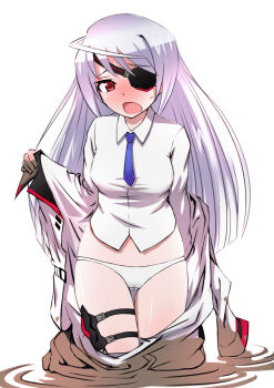 10s 1girl blue_necktie blush cameltoe female_focus highres infinite_stratos laura_bodewig looking_at_viewer mud necktie onsen_tengoku open_mouth panties red_eyes school_uniform silver_hair solo underwear undressing white_background