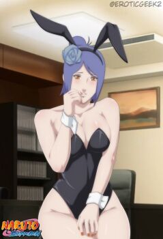 1girl animal_ears blue_hair blush breasts eroticgeek2 fake_animal_ears konan_(naruto) leotard naruto_(series) naruto_shippuuden orange_eyes orange_nails rabbit_ears short_hair solo