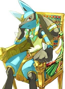 absurdres ancient_egyptian arm_up bishamon_(usagi_ba) bracelet chair chest_spike closed_mouth feet_out_of_frame frown gen_2_pokemon gen_4_pokemon gold head_rest highres jewelry looking_to_the_side lucario lucario_(ruins) nintendo no_humans on_chair persian_(pokemon) pokemon pokemon_(creature) pokemon_unite red_eyes sideways_glance simple_background sitting spikes tiara white_background xatu
