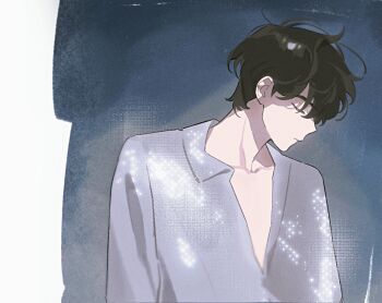 1boy black_hair closed_eyes closed_mouth collarbone collared_shirt earrings evodtonaeco from_side jewelry long_sleeves male_focus original profile shirt short_hair solo upper_body white_shirt